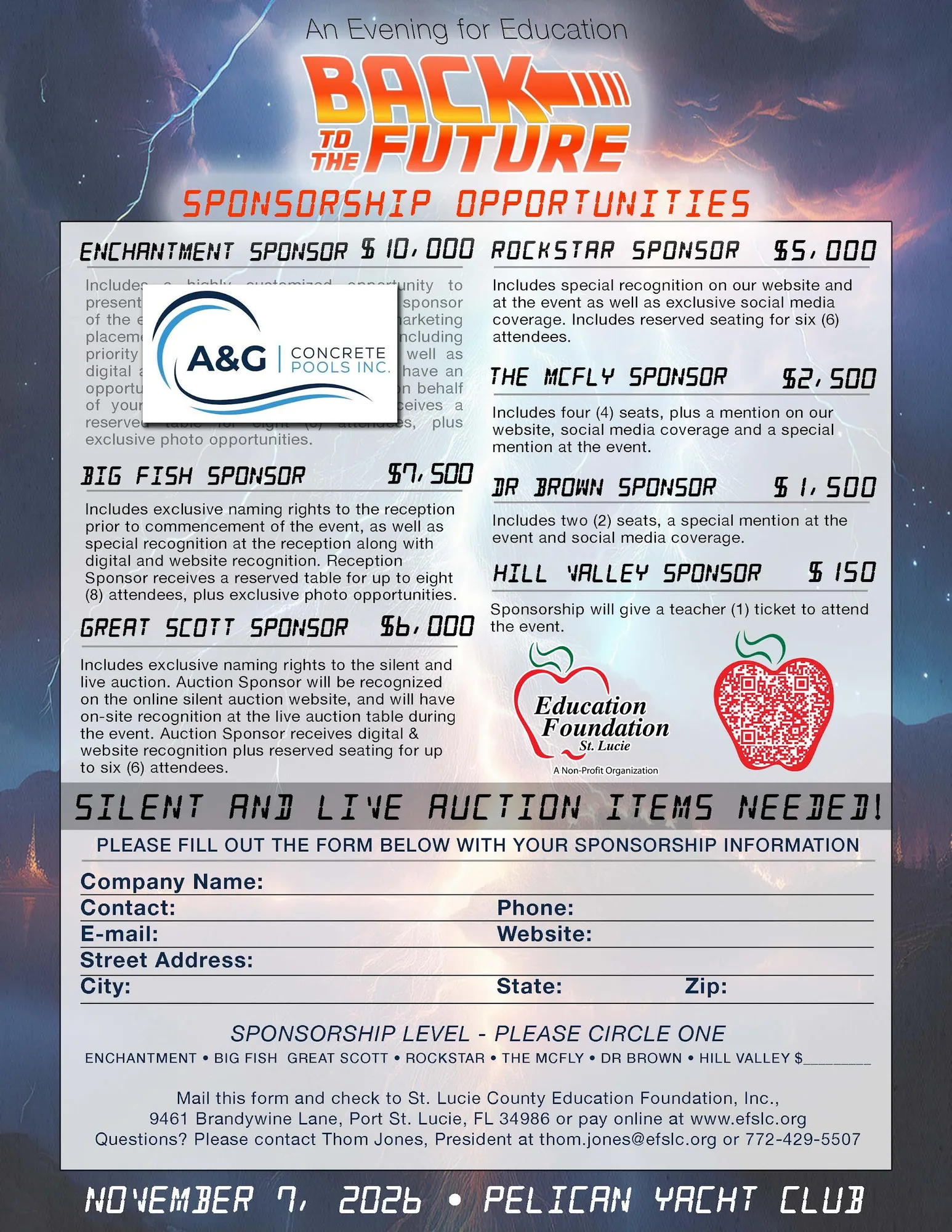 Back to the Future sponsorship flyer: Enchantment $10,000, Big Fish $7,500, Great Scott $6,000, Rockstar $5,000, McFly $2,500, Dr Brown $1,500, Hill Valley $150.